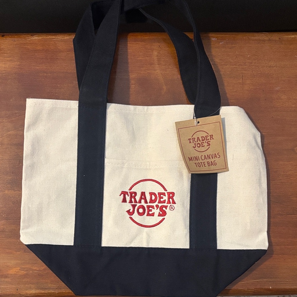 Trader Joe's mini blue and cream Canvas Tote Bag